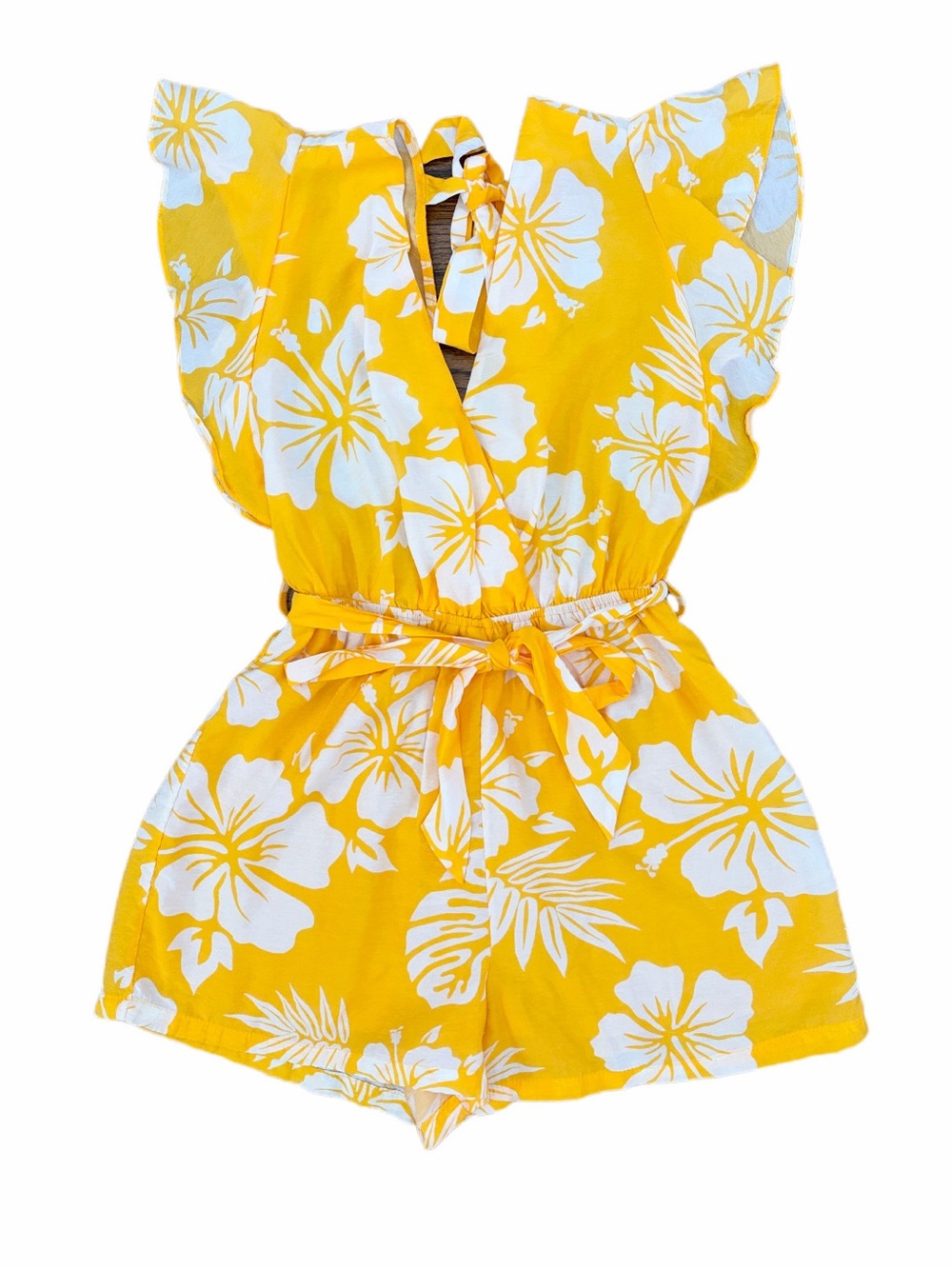 Milk & Honey Golden Yellow and White Floral Print Ruffle Cap Sleeve Romper